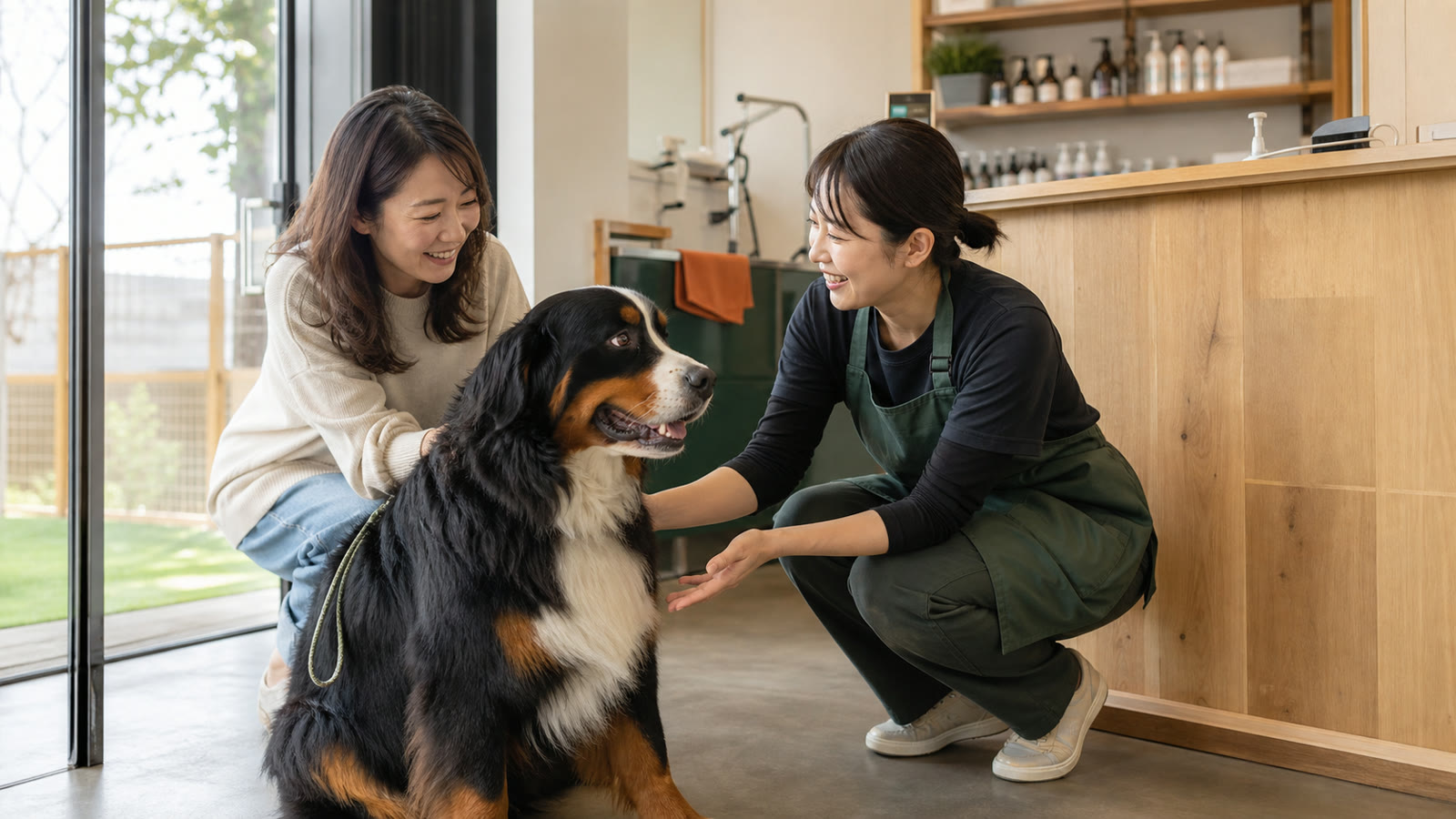 大型犬と飼い主を迎えるペット事業スタッフのイメージ